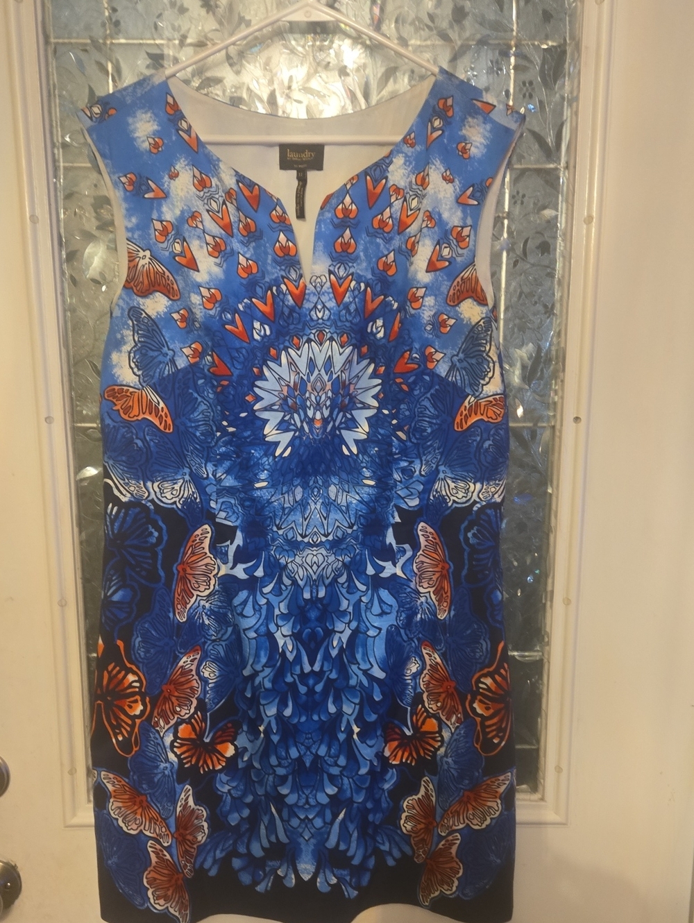 Laundry By Shelli Segal Blue and Orange Butterfly-Print Midi Dress
